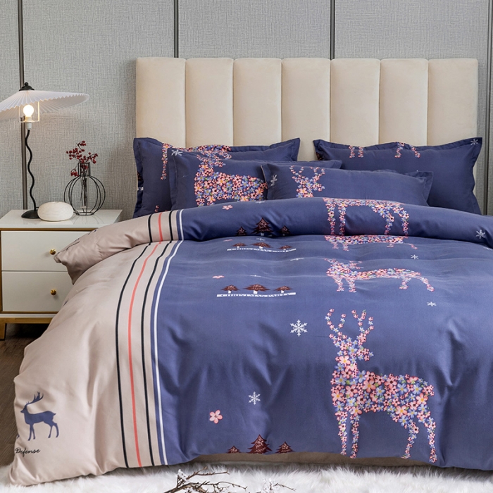 91家纺网 家纺一手货源 找家纺 优尚 2021新款亲肤磨毛中国风大版花系列四件套 鹿回头