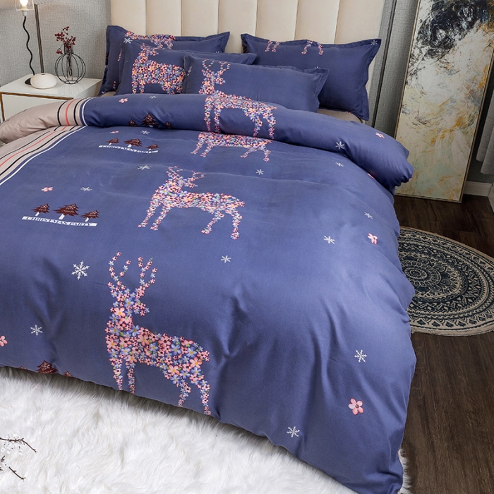 91家纺网 家纺一手货源 找家纺 优尚 2021新款亲肤磨毛中国风大版花系列四件套 鹿回头