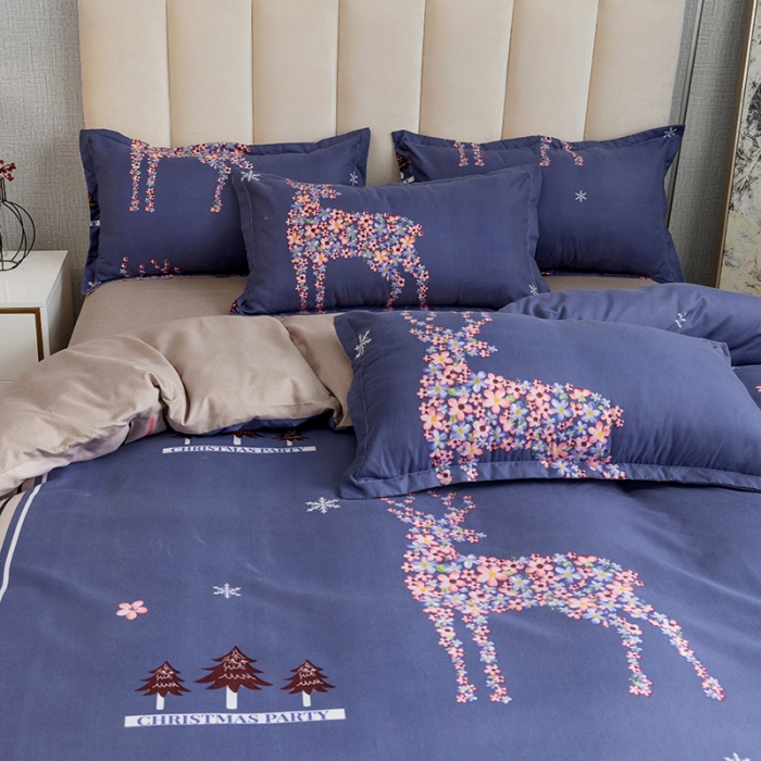 91家纺网 家纺一手货源 找家纺 优尚 2021新款亲肤磨毛中国风大版花系列四件套 鹿回头