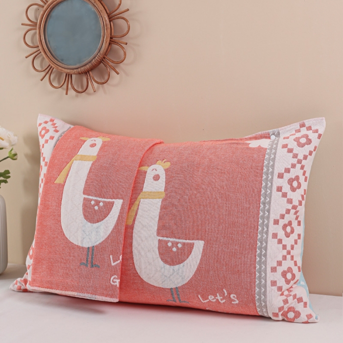 91家纺网 家纺一手货源 找家纺 朴尔2020新款防滑半包按扣固定式全棉四层纱布枕巾围脖萌鸡红