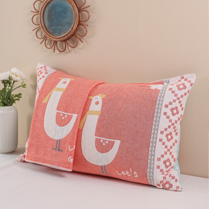 91家纺网 家纺一手货源 找家纺 朴尔2020新款防滑半包按扣固定式全棉四层纱布枕巾围脖萌鸡红