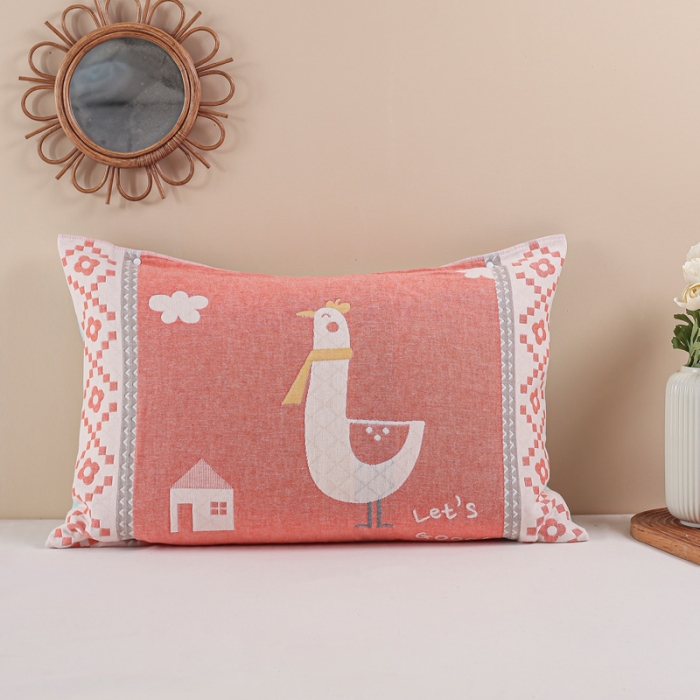 91家纺网 家纺一手货源 找家纺 朴尔2020新款防滑半包按扣固定式全棉四层纱布枕巾围脖萌鸡红