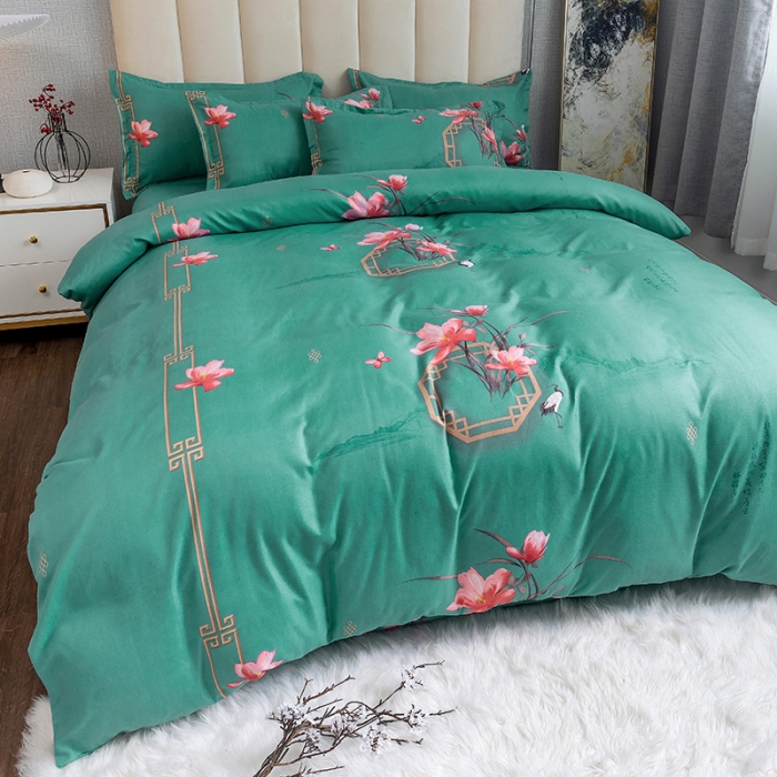 91家纺网 家纺一手货源 找家纺 优尚 2021新款亲肤磨毛中国风大版花系列四件套 青苍白荷