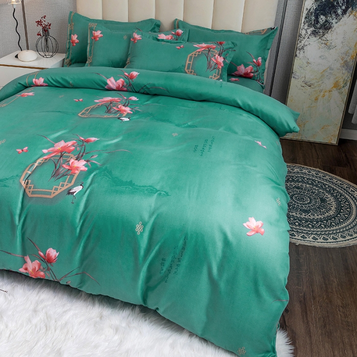 91家纺网 家纺一手货源 找家纺 优尚 2021新款亲肤磨毛中国风大版花系列四件套 青苍白荷