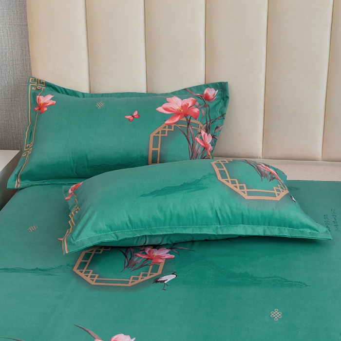 91家纺网 家纺一手货源 找家纺 优尚 2021新款亲肤磨毛中国风大版花系列四件套 青苍白荷