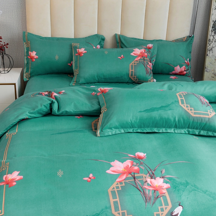 91家纺网 家纺一手货源 找家纺 优尚 2021新款亲肤磨毛中国风大版花系列四件套 青苍白荷