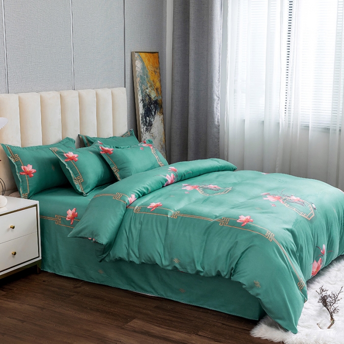 91家纺网 家纺一手货源 找家纺 优尚 2021新款亲肤磨毛中国风大版花系列四件套 青苍白荷