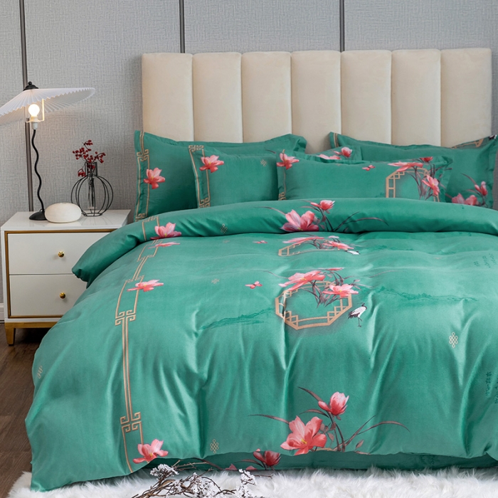 91家纺网 家纺一手货源 找家纺 优尚 2021新款亲肤磨毛中国风大版花系列四件套 青苍白荷