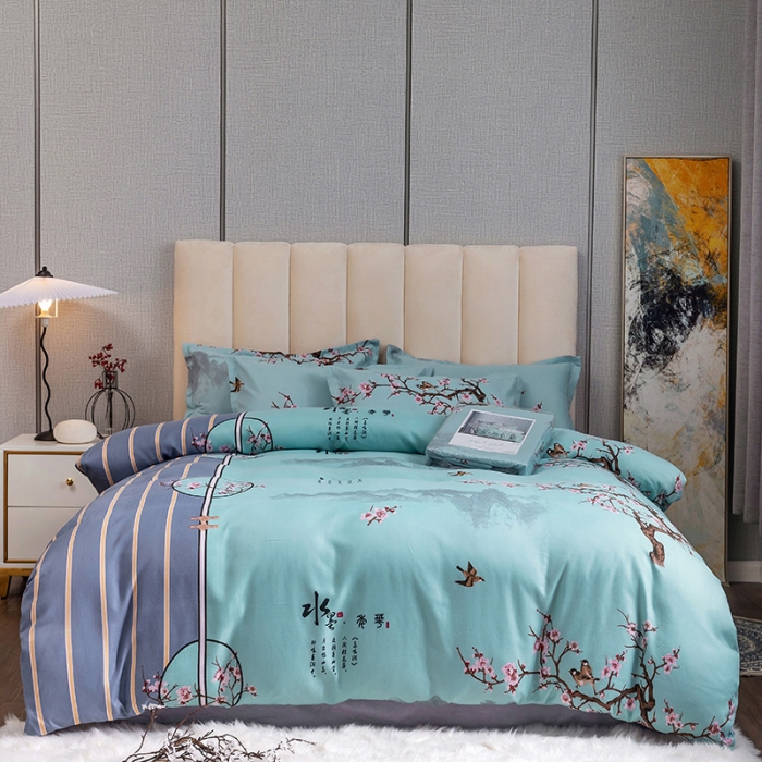 91家纺网 家纺一手货源 找家纺 优尚 2021新款亲肤磨毛中国风大版花系列四件套 水墨江南