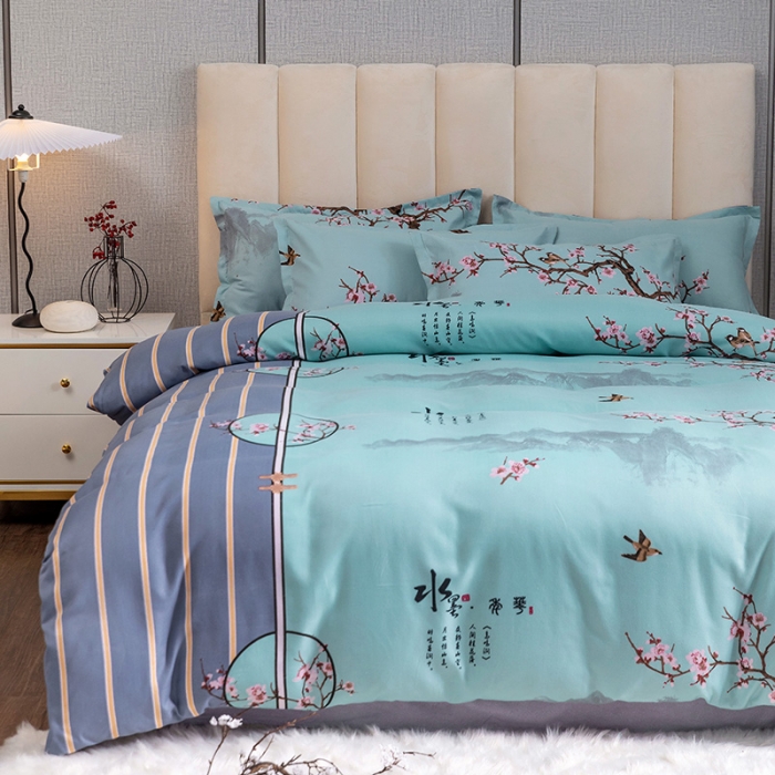 91家纺网 家纺一手货源 找家纺 优尚 2021新款亲肤磨毛中国风大版花系列四件套 水墨江南