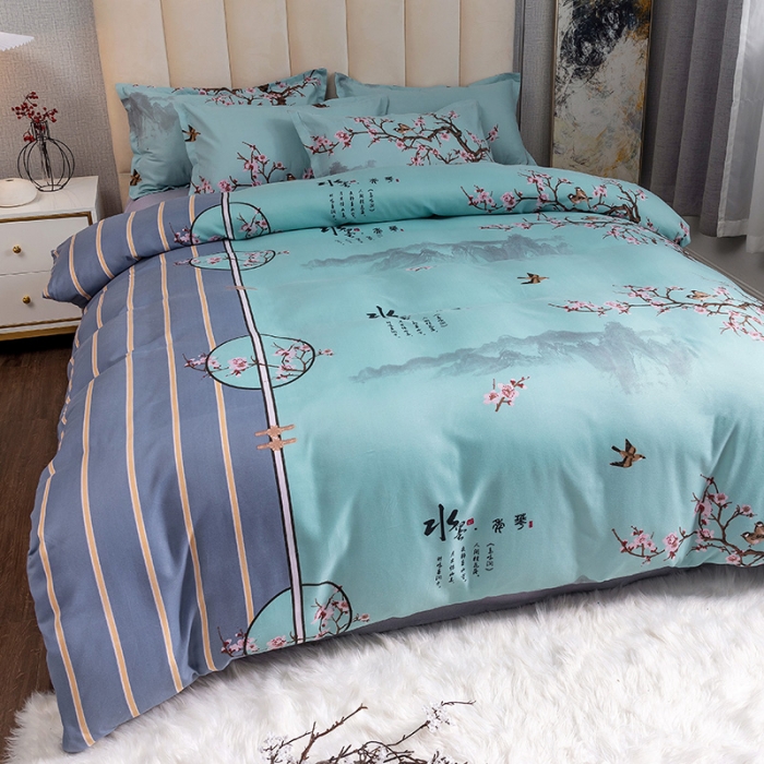 91家纺网 家纺一手货源 找家纺 优尚 2021新款亲肤磨毛中国风大版花系列四件套 水墨江南