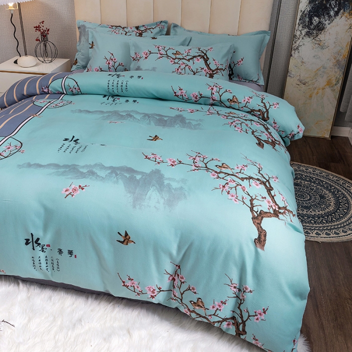 91家纺网 家纺一手货源 找家纺 优尚 2021新款亲肤磨毛中国风大版花系列四件套 水墨江南