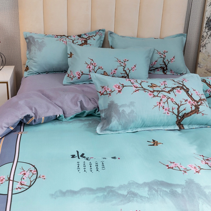 91家纺网 家纺一手货源 找家纺 优尚 2021新款亲肤磨毛中国风大版花系列四件套 水墨江南