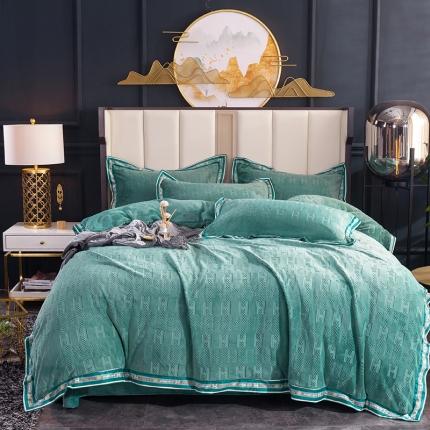 91家纺网 家纺一手货源 找家纺 佳梦家纺轻奢提花绒四件套牛奶绒纯色消光压花宝宝绒被套 草绿