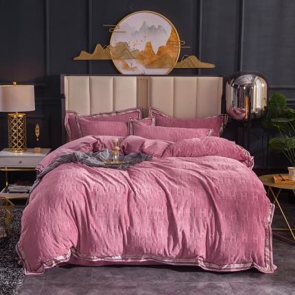 佳梦家纺轻奢提花绒四件套牛奶绒纯色消光压花宝宝绒被套 豆沙粉