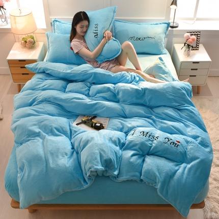 91家纺网 家纺一手货源 找家纺 简爱家纺新款保暖MISS款法莱绒刺绣四件套 绒miss-湖蓝