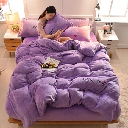 91家纺网 家纺一手货源 找家纺 简爱家纺新款保暖MISS款法莱绒刺绣四件套 绒miss-浅紫