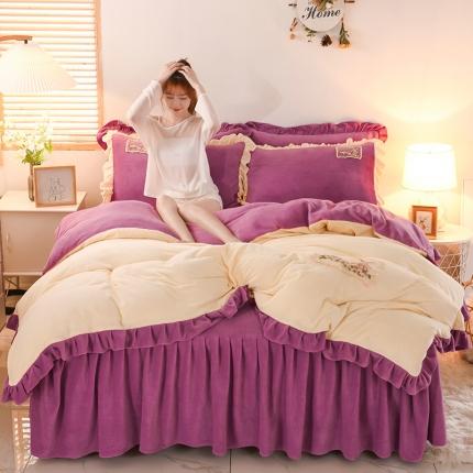 91家纺网 家纺一手货源 找家纺 睡美人 新款迷情韩版小清新纯色双拼牛奶绒四件套薰衣紫