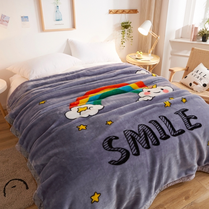 91家纺网 家纺一手货源 找家纺 2025秋冬新款双层加厚拉舍尔毛毯 保暖法莱绒毯子 彩虹