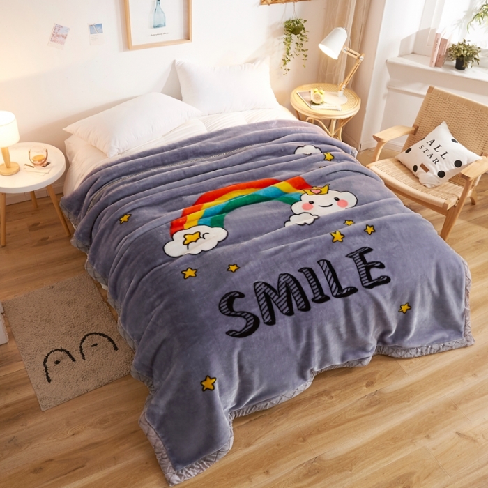 91家纺网 家纺一手货源 找家纺 2025秋冬新款双层加厚拉舍尔毛毯 保暖法莱绒毯子 彩虹