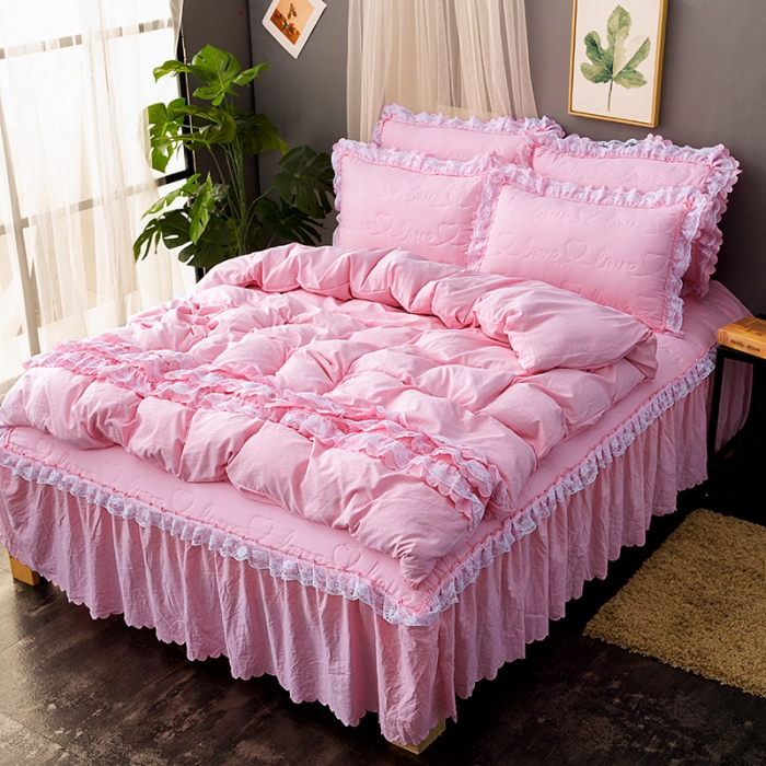 91家纺网 家纺一手货源 找家纺 梦柏家纺 2021新款水洗棉夹棉床裙四件套 公主粉