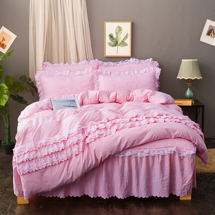 91家纺网 家纺一手货源 找家纺 梦柏家纺 2021新款水洗棉夹棉床裙四件套 公主粉