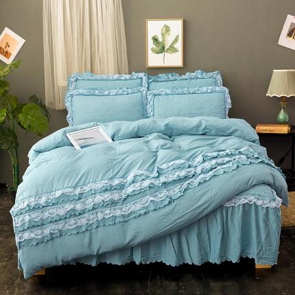 梦柏家纺 2021新款水洗棉夹棉床裙四件套 海岛蓝