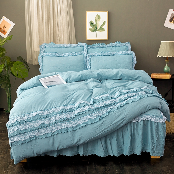 91家纺网 家纺一手货源 找家纺 梦柏家纺 2021新款水洗棉夹棉床裙四件套 海岛蓝