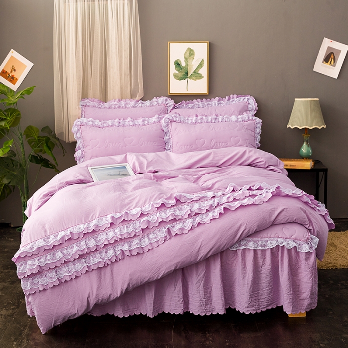 91家纺网 家纺一手货源 找家纺 梦柏家纺 2021新款水洗棉夹棉床裙四件套 兰花紫