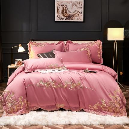 91家纺网 家纺一手货源 找家纺 红番天 热卖款AB版全棉提花贡缎全棉刺绣四件套 欧诺拉-粉豆沙