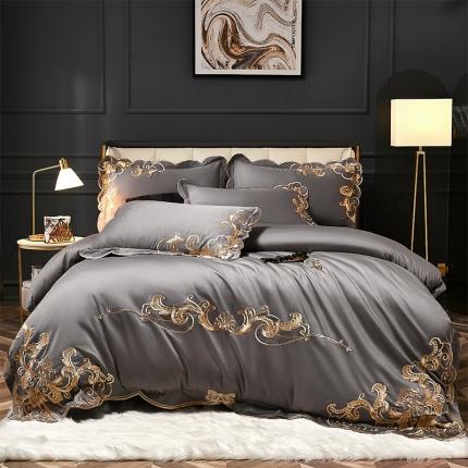 91家纺网 家纺一手货源 找家纺 红番天 热卖款AB版全棉提花贡缎全棉刺绣四件套 欧诺拉-罗马灰