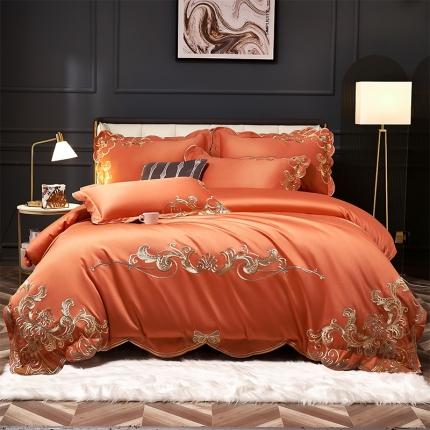 91家纺网 家纺一手货源 找家纺 红番天 热卖款AB版全棉提花贡缎全棉刺绣四件套 欧诺拉-蜜橙