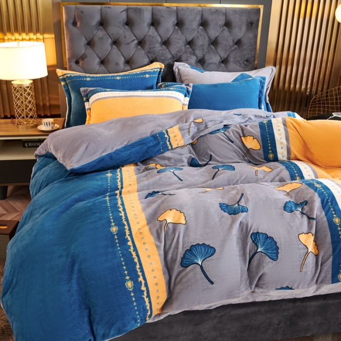 91家纺网 家纺一手货源 找家纺 青竹苑 2021新款牛奶绒印花四件套 银杏叶影