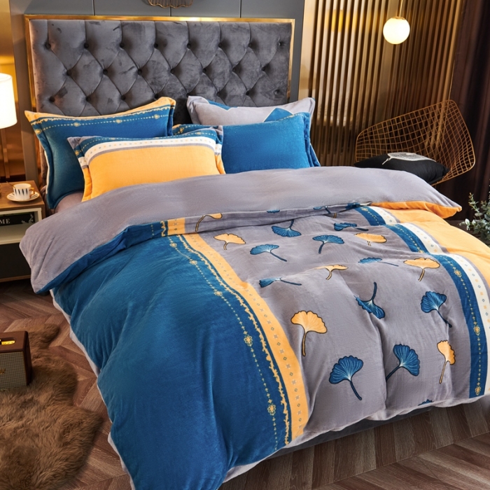 91家纺网 家纺一手货源 找家纺 青竹苑 2021新款牛奶绒印花四件套 银杏叶影