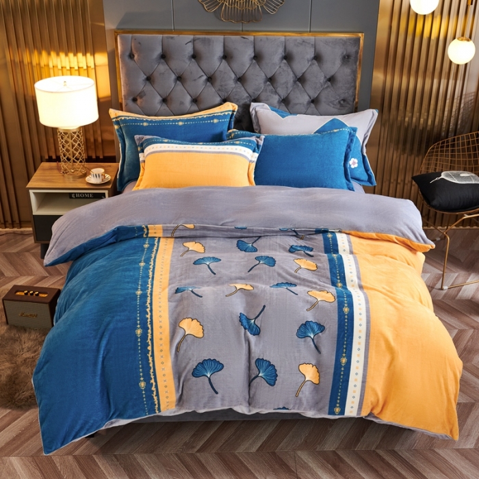 91家纺网 家纺一手货源 找家纺 青竹苑 2021新款牛奶绒印花四件套 银杏叶影