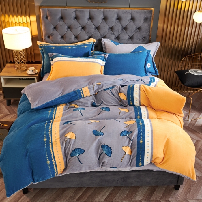 91家纺网 家纺一手货源 找家纺 青竹苑 2021新款牛奶绒印花四件套 银杏叶影