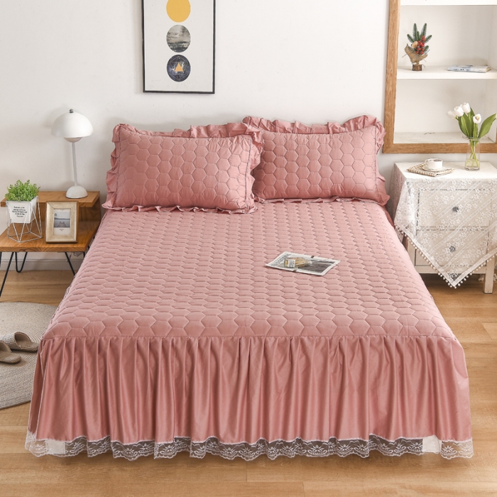 91家纺网 家纺一手货源 找家纺 情煊  2021新款全棉夹棉床裙(可定制尺寸) 豆沙