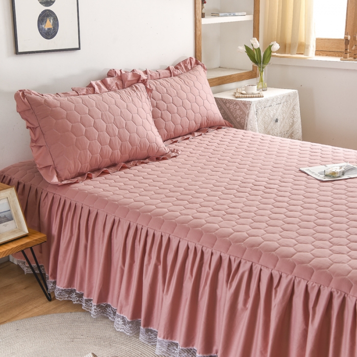 91家纺网 家纺一手货源 找家纺 情煊  2021新款全棉夹棉床裙(可定制尺寸) 豆沙