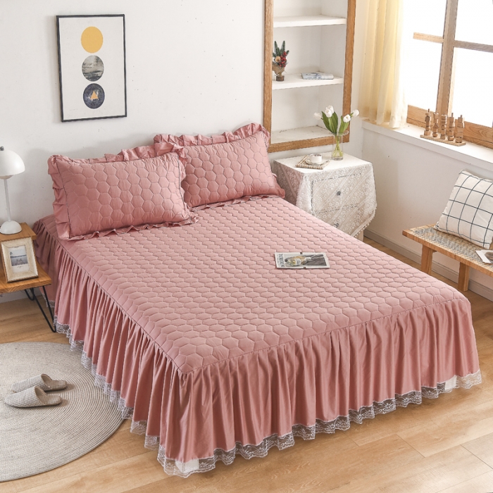 91家纺网 家纺一手货源 找家纺 情煊  2021新款全棉夹棉床裙(可定制尺寸) 豆沙