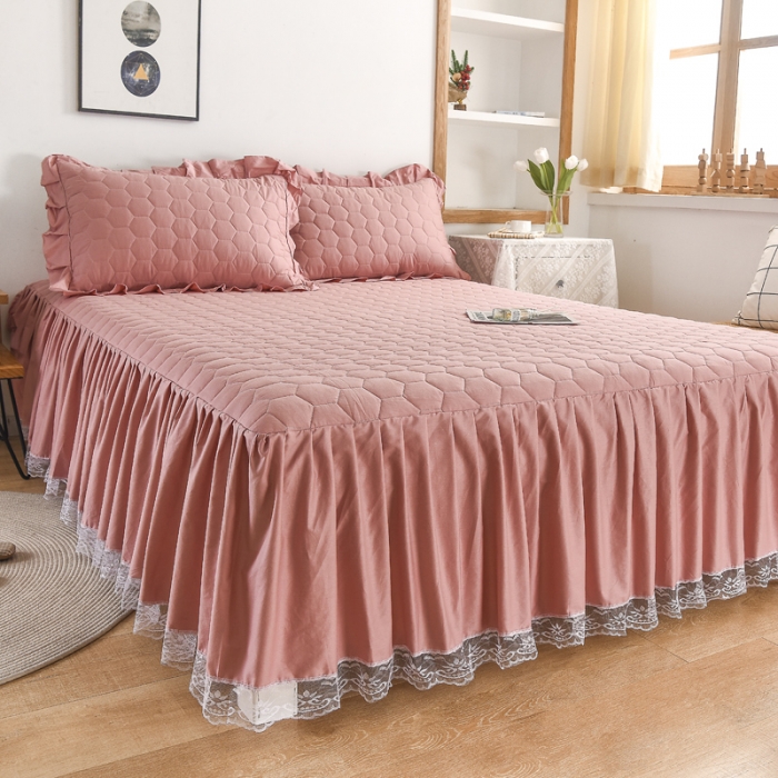 91家纺网 家纺一手货源 找家纺 情煊  2021新款全棉夹棉床裙(可定制尺寸) 豆沙