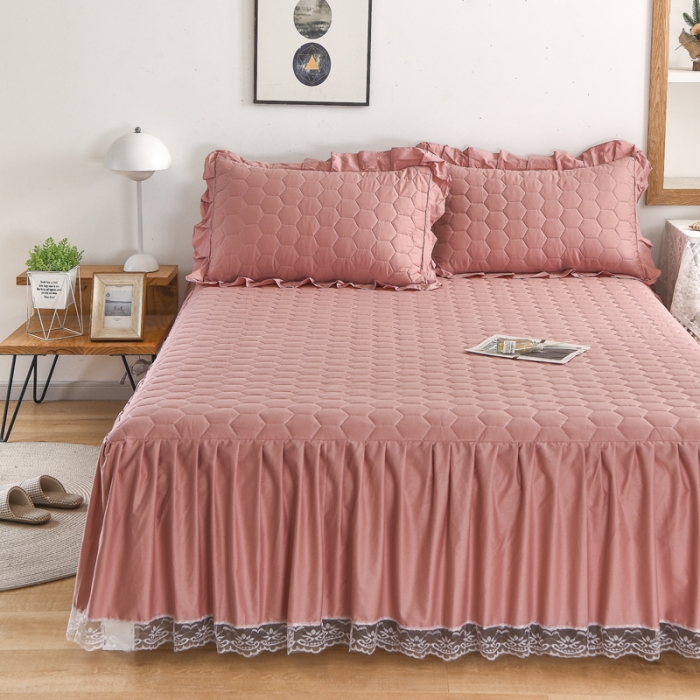 91家纺网 家纺一手货源 找家纺 情煊  2021新款全棉夹棉床裙(可定制尺寸) 豆沙