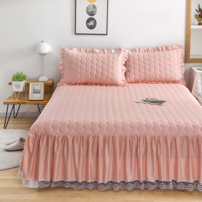 91家纺网 家纺一手货源 找家纺 情煊  2021新款全棉夹棉床裙(可定制尺寸) 粉玉