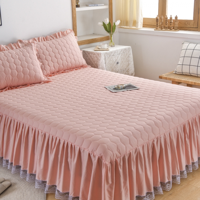 91家纺网 家纺一手货源 找家纺 情煊  2021新款全棉夹棉床裙(可定制尺寸) 粉玉