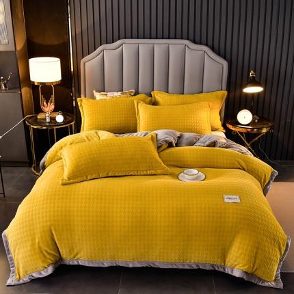 91家纺网 家纺一手货源 找家纺 轻奢风千鸟格雕花压花牛奶绒四件套被宝宝绒法兰绒珊瑚绒毛毯被套