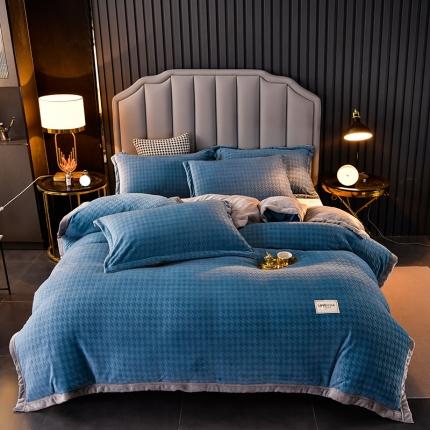 91家纺网 家纺一手货源 找家纺 轻奢风千鸟格雕花压花牛奶绒四件套被宝宝绒法兰绒珊瑚绒毛毯被套