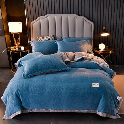 91家纺网 家纺一手货源 找家纺 小牛席业雕花牛奶绒四件套法兰绒被套毯珊瑚绒毛毯被套 蓝色