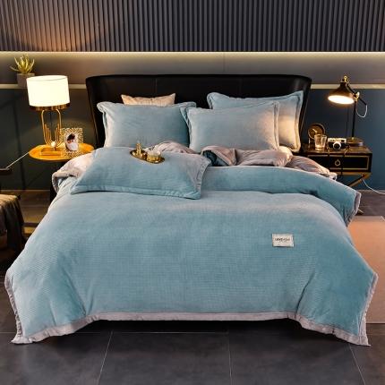 91家纺网 家纺一手货源 找家纺 小牛华夫格雕花牛奶绒法兰绒四件套被套毯雕花压花剪花工艺 浅蓝