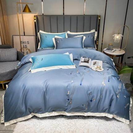 91家纺网 家纺一手货源 找家纺 米奈 2021新款全棉四件套刺绣拼色酒店高支高密 浅石蓝