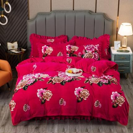 冬然 2022牛奶绒夹棉床裙四件套单床裙单被套枕套花开富贵红