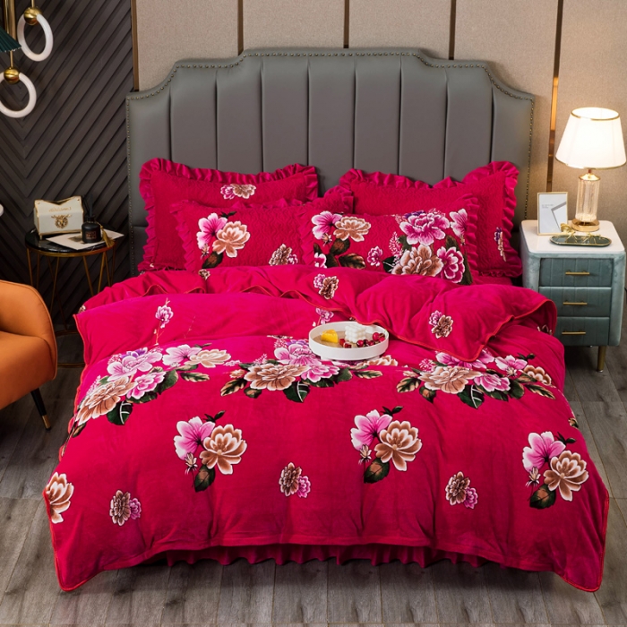 91家纺网 家纺一手货源 找家纺 冬然 2022牛奶绒夹棉床裙四件套单床裙单被套枕套花开富贵红
